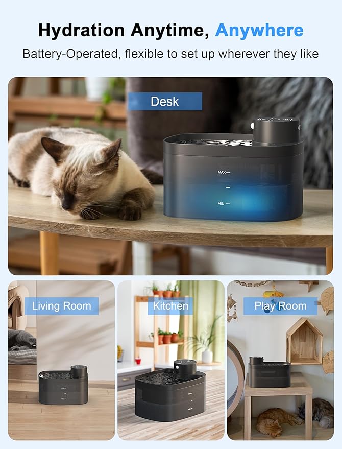 Battery Operated Cat Water Fountain, 84OZ/2.5L Wireless Pet Water Fountain for Cats Indoor, Cat Fountain with Motion Sensor, Ultra Quiet Pump, Black (Black+4Filters+4Sponges)