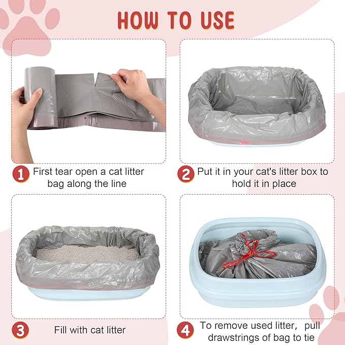 Tinlade 50 Count Jumbo Cat Litter Box Liners Large Drawstring Cat Litter Liners Bags Unscented Tear Resistant for Trash Waste to Keep Your Home Clean(39 x 22 Inch,Gray, Red)
