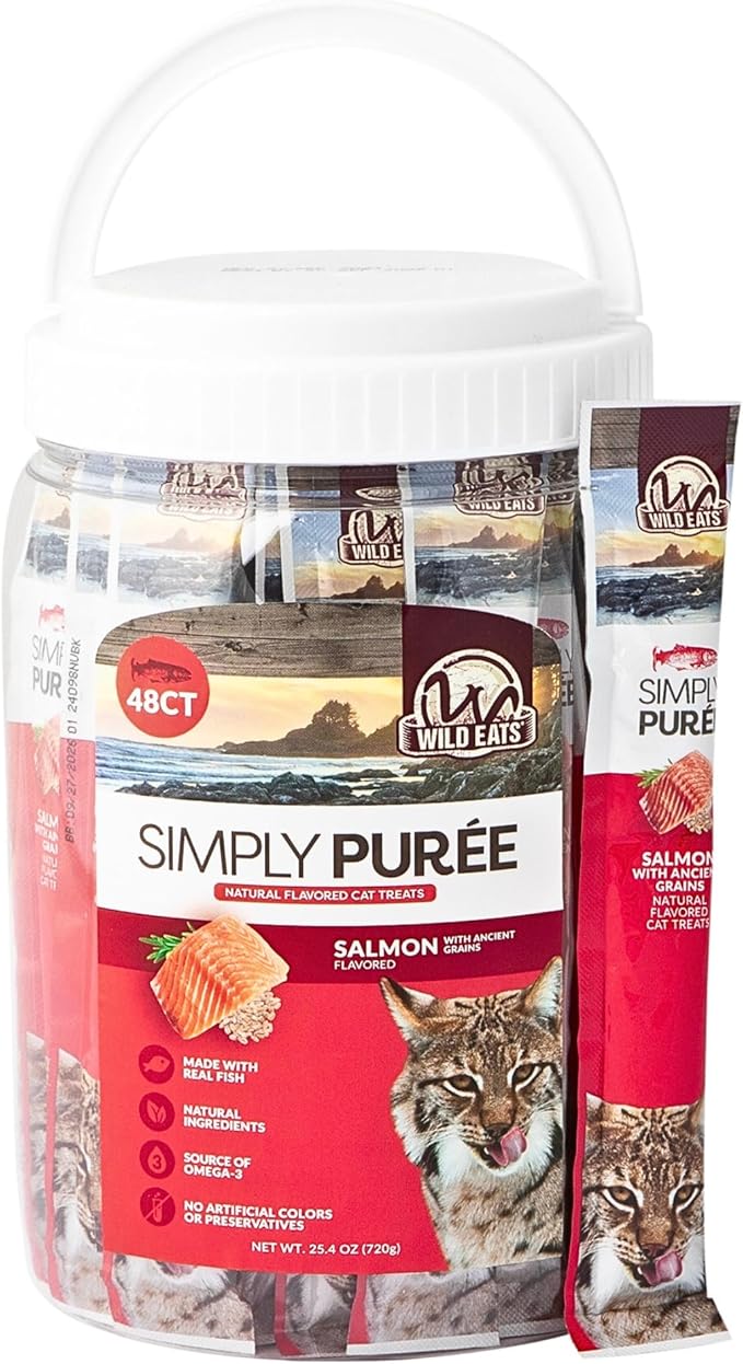 Simply Puree Salmon with Ancient Grains Tub for Cats | 48 Individual Servings | High-Protein, Grain-Enriched Cat Treat | All-Natural, No Artificial Additives | Smooth and Delicious Puree