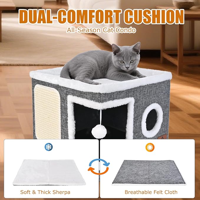 Cat Beds for Indoor Cats - Foldable Cat Hideaway with Hanging Fluffy Ball and Scratch Pad, Large Cat Bed Cave with Reversible Cushion for Multi Small Pet Kitten, Grey