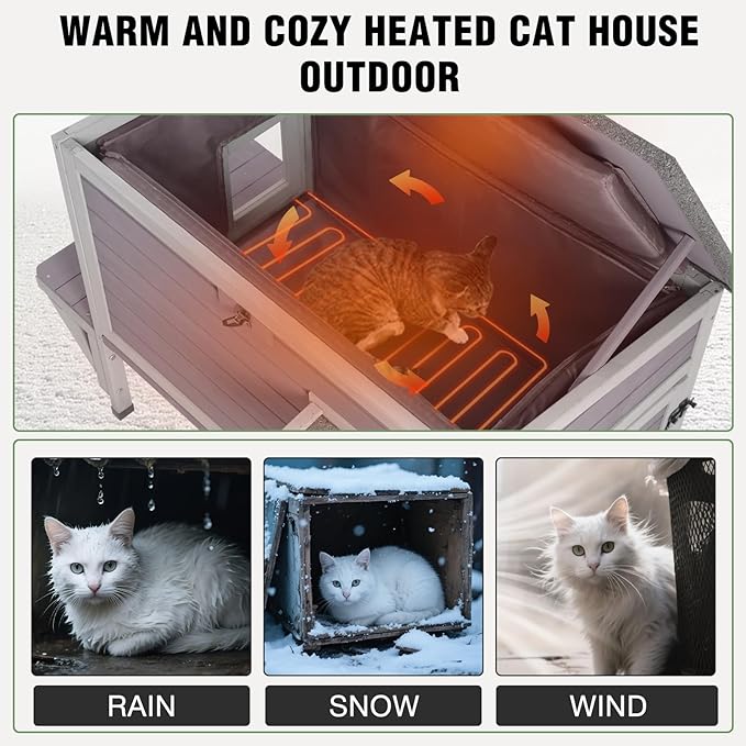 Insulated Heated Cat House for Winter, Outdoor Feral Cat Shelter with Weatherproof Design and Heated Liner