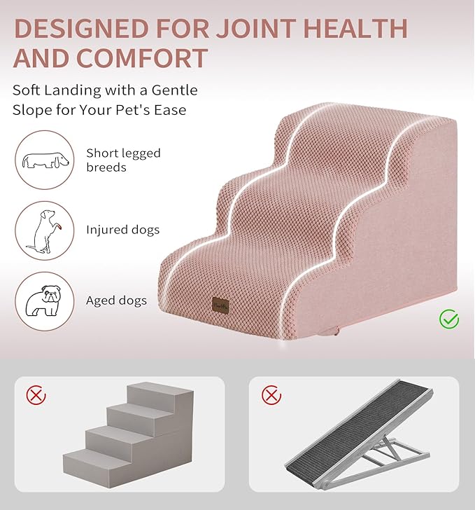Made4Pets Dog Stairs Ramp for Small Dogs, 3-Step Dog Steps for Bed Couch Sofa and Chair, 35D Foam Pet Steps for Small Dogs and Cats, Non-Slip Bottom Pet Stairs, Pink