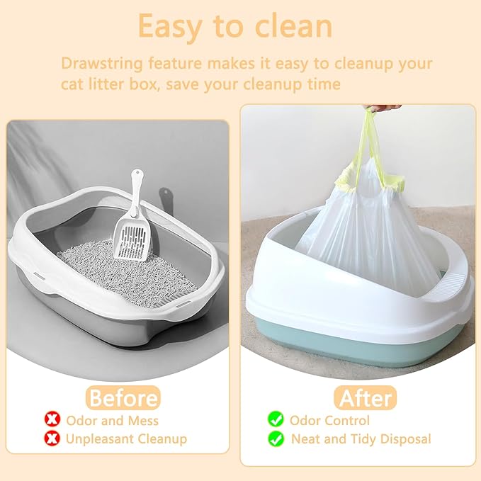 32 Count Cat Litter Box Liners - Large Drawstring Cat Litter Bags, Extra Thick Heavy Duty Durable Litters Tray Pet Cats Pan Liners, Waste Replacement Bags for Self-Cleaning Cats Litter Boxes 18" x 37"
