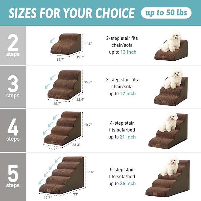Dog Stairs for Small Dogs 15.7" H, Curved Dog Step for Puppy, Older Cat, Medium Pet Ramp for Sofa, Couch or Chair, Ladder with High Density Foam, 15.7x22.4x15.7 inch, 3 Step, Brown