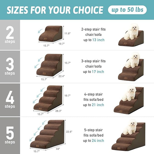 Dog Stairs for Small Dogs 19.7" H, Curved Dog Step for Puppy, Older or Cat, Medium Pet Ramp for Sofa, Couch or Bed, Ladder with High Density Foam, 15.7x28.3x19.7 inch, 4 Step, Brown