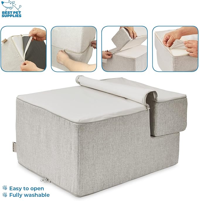 Best Pet Supplies Dog Stairs & Steps - Foam Steps for Small Dogs & Cats, Non-Slip Indoor Balanced Pet Step Support, Dog Ramp, No Assembly, Sand, Foldable 3-Step (16.5-inch Height)