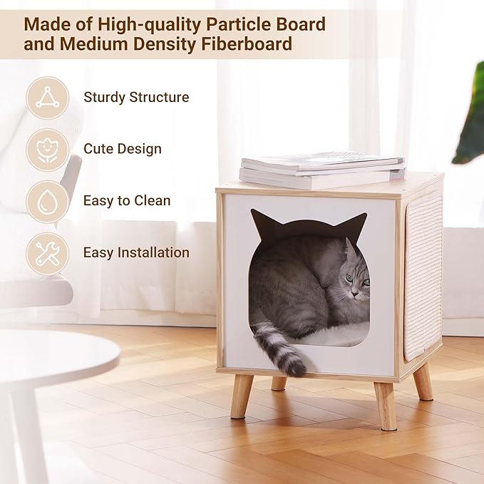 Cat House Wooden Cat Condo Cube Shaped,Modern Cat Bed Side Table & Nightstand,Cat Shelter Furniture with Cushion Cat Scratch Pad,Natural