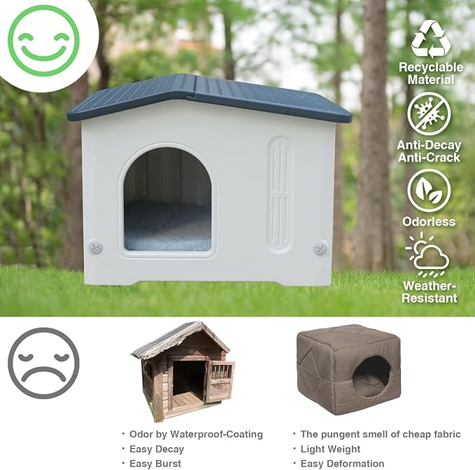 Plastic Cat House for Outdoor Indoor Use, Feral Cat House with Escape Door and Soft Mat, Cat Houses for Outdoor Cats Outside Cat Shelter for Small Pet, Assemble Easily - Grey