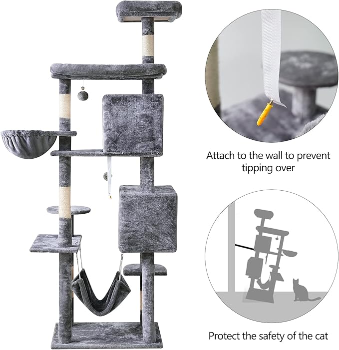 Cat Tree 71.6 inches Cat Tower for Indoor Cats, Multi-Level Cat Condo Furniture with Scratching Posts, Plush Perches, Activity Center with Cozy Basket & Hammock for Large Cats,Light Gray
