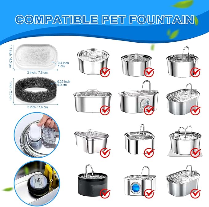 Cat Water Fountain Filters, 40 Pack Cat Replacement Filters for Stainless Steel 108oz/3.2L& 67oz/2L adjustable Flow Pet Water, Dog Fountain Filter（20 + 20 Pack)
