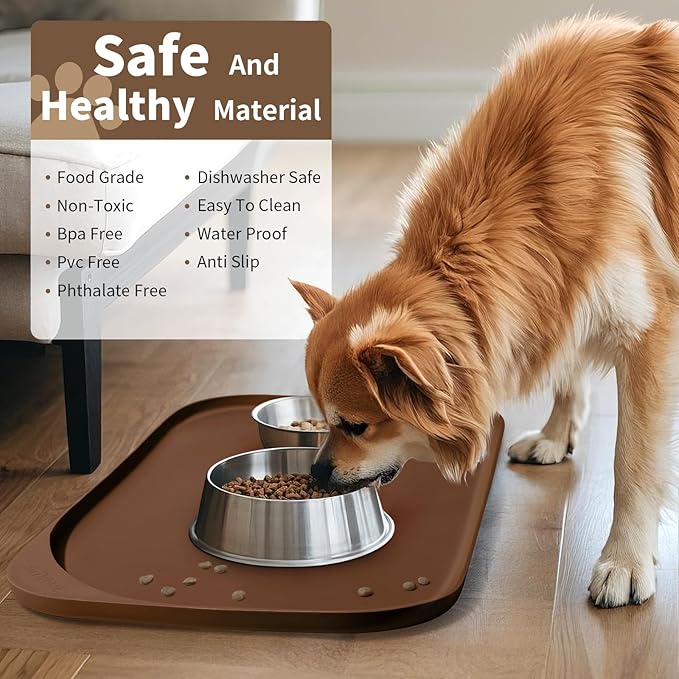 Silicone Pet Feeding Mat with Raised Edge & Residue Collection Pocket for Food and Water, Dog Bowl Mats, Cat Bowls Placemat with High Lip for Floor Waterproof, 19 x 12 x 0.7 Brown