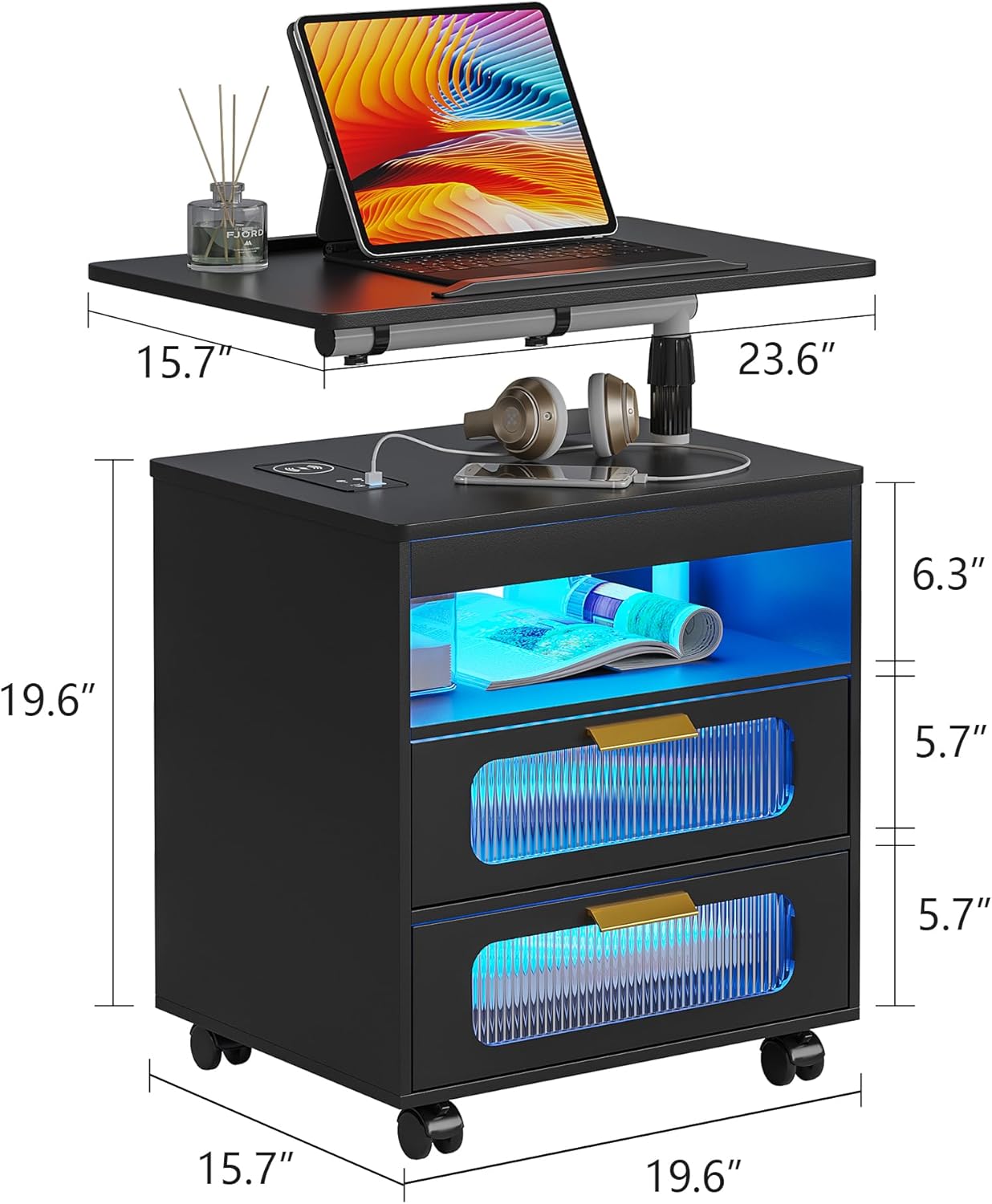 HNEBC Nightstand with Wireless Charging Station, LED Nightstand Has Adjustable Rotary Workstation,Smart Night Stand with 2 Drawers,Modern Bedside Table for Bedroom, Sensor Light/Wheel (Black)