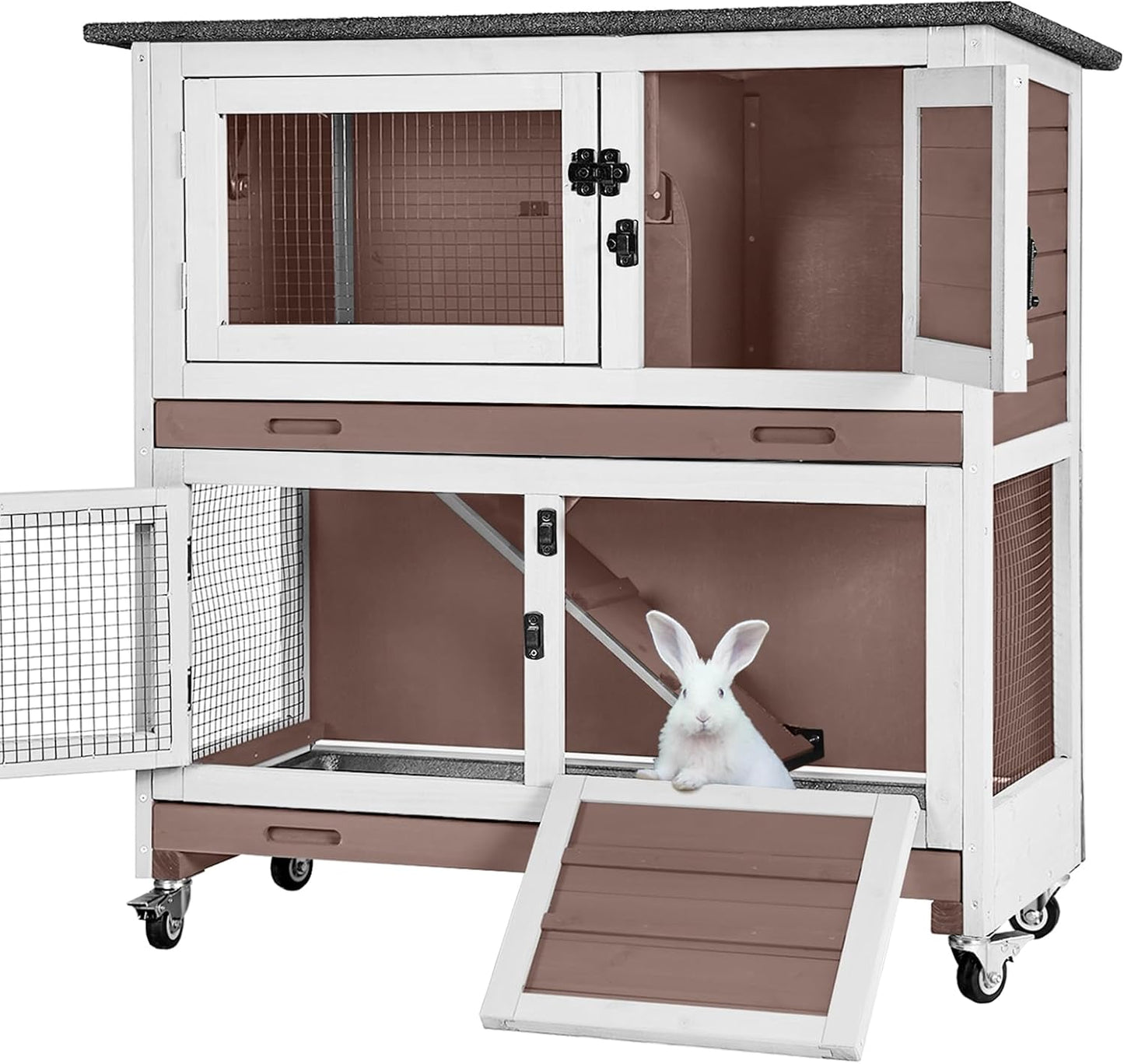 Rabbit Hutch Indoor Outdoor, Bunny Cage with Casters, Guinea Pig Cage Bunny Hutch with Two Plastic Trays 36inch-Brown