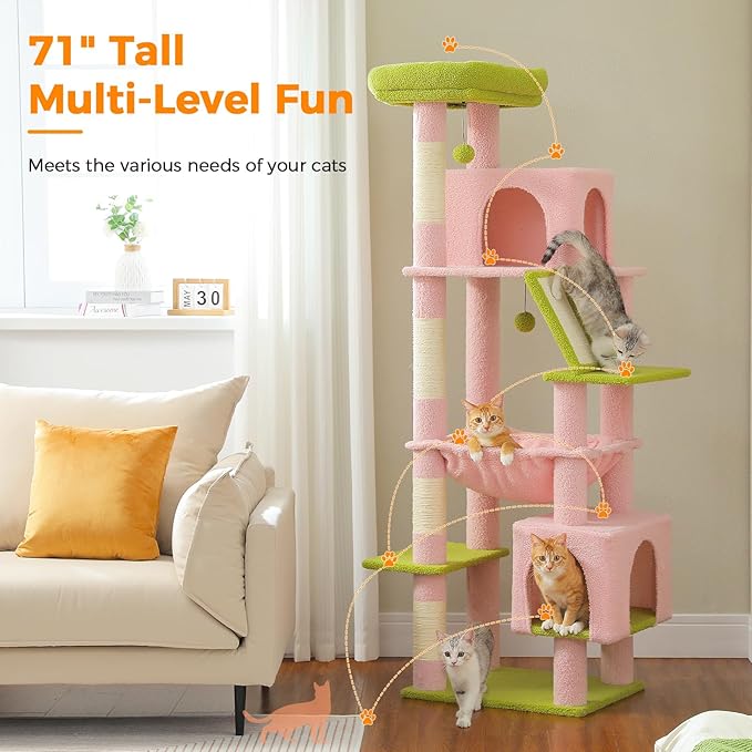 71 Inch Tall Pink Cat Tree for Indoor Cats Large Adult, Multi-Level Cat Tower with Extra Large Hammock, 2 Cat Caves, Spacious Top Perch, Scratching Pad