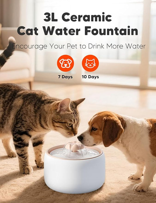 WOPET Ceramic Cat Water Fountain W03 Lite，3L/101oz Ceramic Pet Fountain，Automatic Water Fountain for Cats & Dogs, Fashion Cat Fountain with Ultra-Quiet Pump and Filter & Sponge White Orange