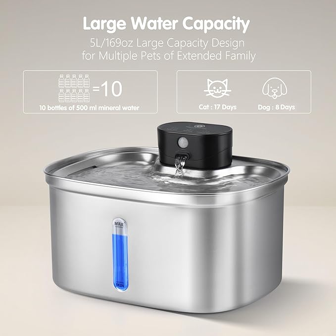 Wireless Cat Water Fountain Stainless Steel, 169oz/5L Cordless Smart Pet Water Fountain with 5000mAh Battery & Ultra Quiet Pump, Automatic Pet Water Dispenser for Cats & Dogs, 3 Filters