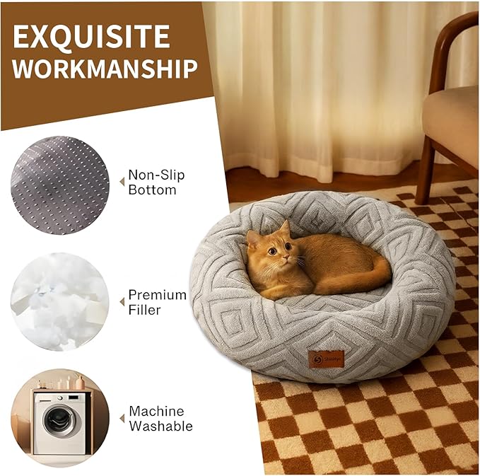 ShinHye Cat Bed - Washable Donut Bed for Cats and Small Dogs, Calming Round Pet Bed with Non-Slip Bottom, Indoor Comfort for Puppy & Kitten(LX-Grey-20x20)