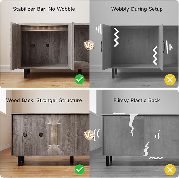 59 Inches Cat Litter Box Enclosure for 2 Cats, Hidden Litter Boxes Furniture with Cat Scratch Pad, Large Indoor Pet House with Double Room, Wooden TV Stand Side Table, Grey