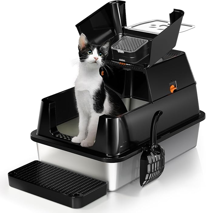Stainless Steel Cat Litter Box with Lid, 180° Flip-Top XL Extra Large Enclosed Litter Box, Covered Metal High Sided Litter Pan with Steps & Scoop, Easy Cleaning, Odor Control,Non-Sticky-Black