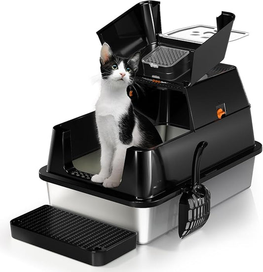 Stainless Steel Cat Litter Box with Lid, 180° Flip-Top XL Extra Large Enclosed Litter Box, Covered Metal High Sided Litter Pan with Steps & Scoop, Easy Cleaning, Odor Control,Non-Sticky-Black