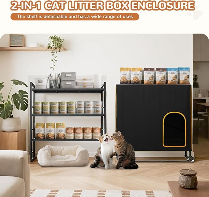 Lekereise Cat Litter Box Enclosure, Large Hidden Litter Box Furniture with Removable Waterproof Cover, Kitty Litter Box Furniture with 3-Tier Adjustable Shelves Storage and Wheels (70.87”H, Black)