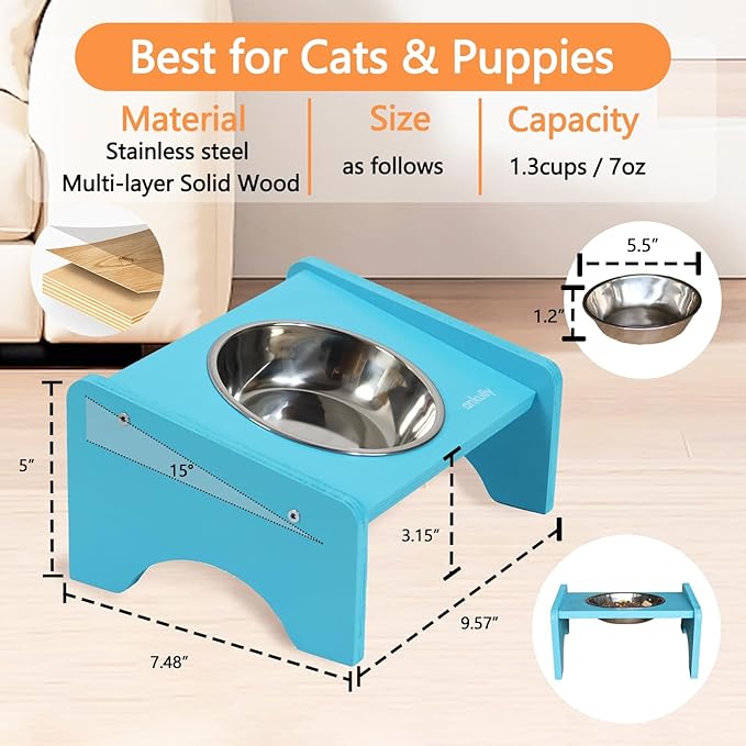 Elevated Cat Bowls,2 Stainless Steel Pet Food Water Feeder,15°Tilted Raised Pet Dish, Slanted Dog Bowl with Wood Stand for Kitty and Puppy,Wide 5.51" (Blue)