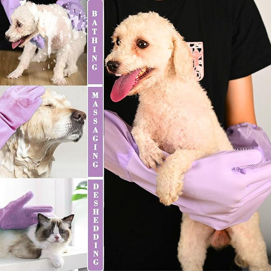 Dog Washing Gloves, Pet Grooming Gloves with Soft Brushes, Bathing and Massaging for Dogs and Cats, Silicone Heat Resistant Cleaning Gloves with High-Density Teeth (Purple)