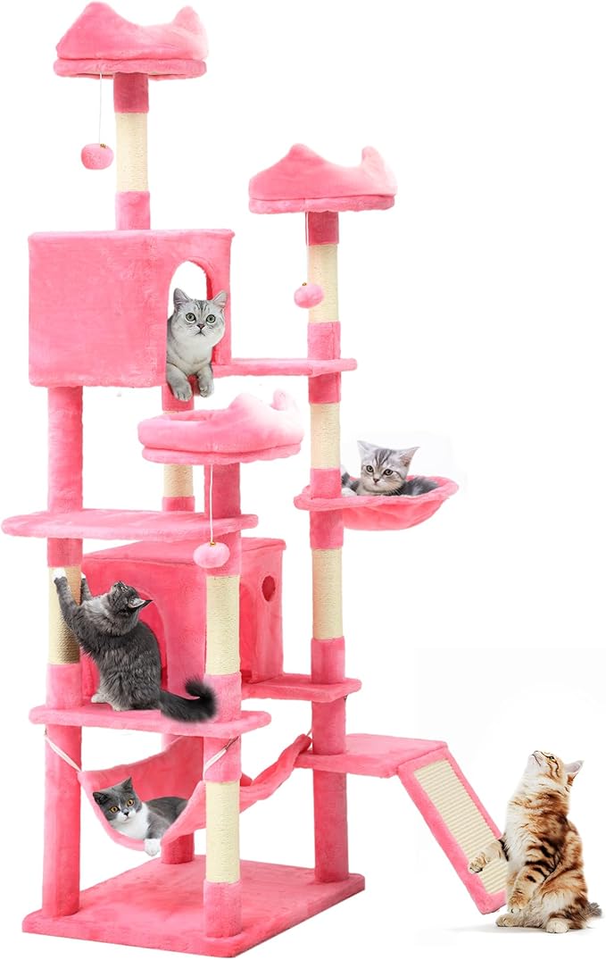 YITAHOME Tall Cat Tree for Indoor Cats, 75 inch Multi-Level Cat Tower with Cat Condos, Top Perches, Sisal Ramp Scratching Posts, Cozy Basket, Hammocks, Large Cat Pet Activity Structure,Pink