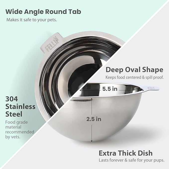 Felli Oblik Raised Dog Food Water Bowls for Small Short-Leg Dogs, Removable Stainless Steel Dish Dishwasher Safe, No Spill Tilted Metal Feeder for French Bulldog, Maine Coon Cats (1.5Cup, Classic)