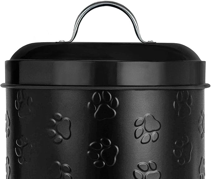 Amici Puppy Paws Embossed Pet Food Canister, Pet Storage Containers, Airtight Lid, Dog Treat Jar, Rustic Metal Treat Canister for Kitchen Counter (Black, 104 Oz)