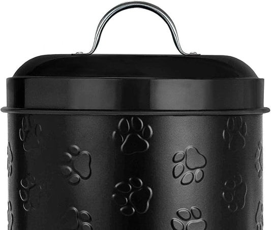 Amici Puppy Paws Embossed Pet Food Canister, Pet Storage Containers, Airtight Lid, Dog Treat Jar, Rustic Metal Treat Canister for Kitchen Counter (Black, 104 Oz)