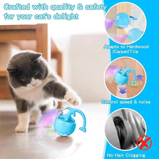 Interactive Moving Cat Toy Ball - Self-Play for Indoor Cats, Kittens to Adults | Smart Obstacle Avoidance, LED Light | Quiet on Carpet, Fur-Proof, USB Rechargeable