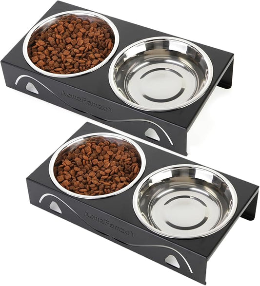 2 Pack Cat Food Bowls - Indoor Set with Metal Stand,5° Tilted Anti Vomiting Wide Raised Pet Dish,Cute Elevated Cat Feeding Station for Food Water, 4 Stainless Steel Bowls for Multiple Kitten,Puppy