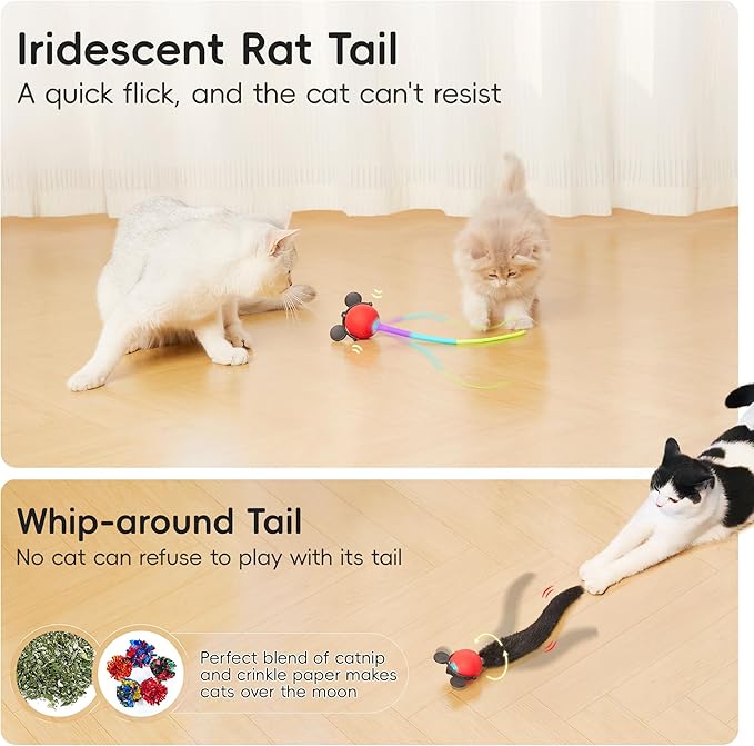 Potaroma Interactive Moving Ball Cat Toys with Fluffy Tail, Chargeable Kitten Toy for Indoor Kitten Exercise, Smart Interactive Cat Rolling Ball, 2 Inches