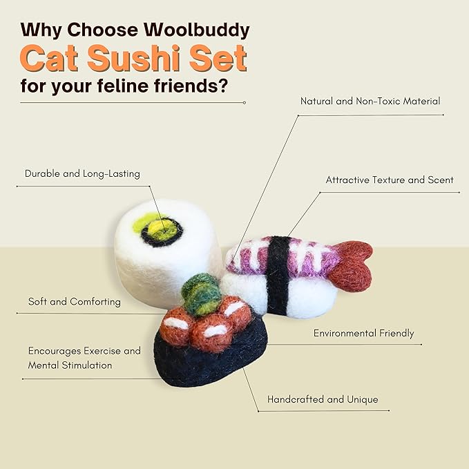 Woolbuddy Cat Sushi Toy, 8pcs, Wool Cat Toy for Boredom & Stimulating, Cute Interactive Toys for Indoor Feline Friends, Self-Play Kitten Toys, Chew Toy, Enrichment Without Catnip