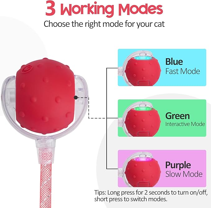 Interactive Cat Toys Ball for Indoor Cats, 2025 New Generation Automatic Moving Ball Toy with Elastic Mesh Tail, Chirping & Obstacle Avoidance and Motion Activated, Red【Rechargeable】