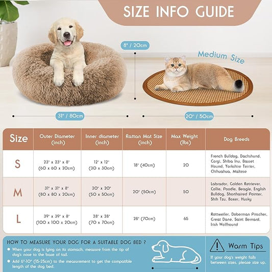 Calming Donut Dog Bed Medium Size Removable Cover + 2 PCS Cooling Rattan Pet Mat, Fluffy Comfort Anti-Anxiety Washable Round Pets Bed with Double-Sided Cool Pad for Medium Dogs/Cat, 31" Khaki