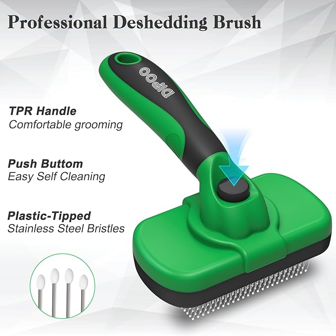 Self Cleaning Deshedding Brush for Dogs & Cats - Skin Friendly Grooming Tool with Hair Removal for Haired Pets, Green