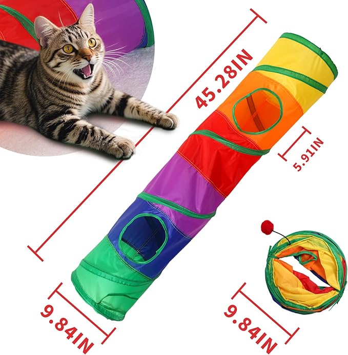 ‌Coolcandy Cat Tunnel & Interactive Cat Toy Indoor, Long Straight Through Tunnel Toys for Indoor Cats, Collapsible Interactive Peekaboo Cave with Play Ball, for Multi-Way Play & Small Animals