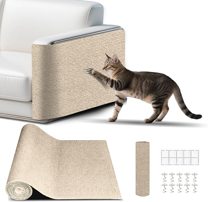 Cat Scratch Mat, Self-Adhesive Trimmable cat Scratch Furniture Protector for Couch, cat Scratch pad，cat Tree，DIY Climbing Carpet for Cat Tower Replacement Pads (Khaki, 78.7" x 15.8")
