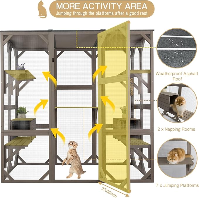71" Catio Outdoor Cat Enclosure, Large Wooden Weatherproof Outdoor Cat Enclosure for Indoor Cats, Catios Attached to Window Catio for Cats, 7Platforms-71-Inch H