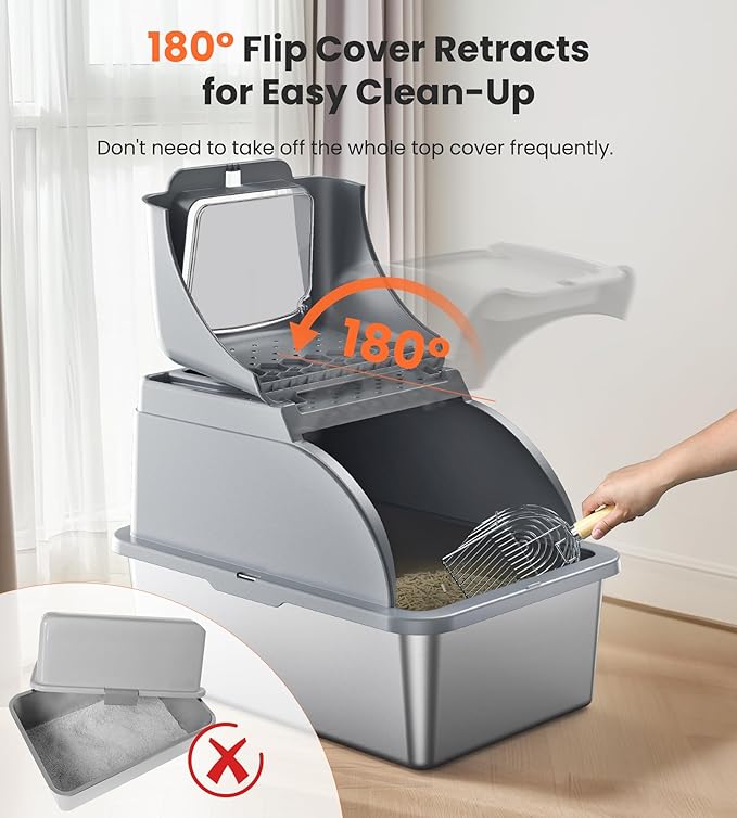 Stainless Steel Cat Box Dual Entrance XXL Large Litter Box for Cats, Covered Metal Kitty Litter Box with Flip Door, 16.6” High Wall& Litter Scoop, Gray 2 Pack