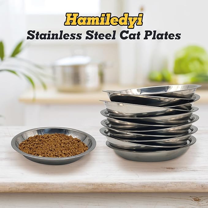 Hamiledyi 12 Pcs Stainless Steel Cat Bowls Metal Wide Shallow Cat Feeding Dishes Replacement Whisker Fatigue Kitten Food Bowl for Dogs Cats and Other Pets (6.30 Inch Diameter)