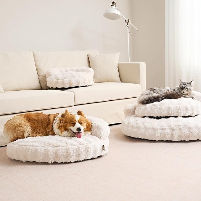 EHEYCIGA Medium Dog Bed and Large Cat Couch – Fluffy Faux Rabbit Fur Pet Sofa for Small and Medium Dogs, Washable Removable Cover, Waterproof and Non-Slip, 30 Inch, Cream