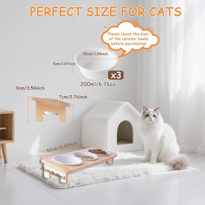 3 Elevated Cat Food and Water Bowl Set with Stand,15°Tilted Raised Pet Bowlfor Kittens/Puppy with 3 Ceremic Dishes, Indoor Cat Food Bowl，Anti-Vomit & Whisker Fatigue Relief, Dishwasher Safe