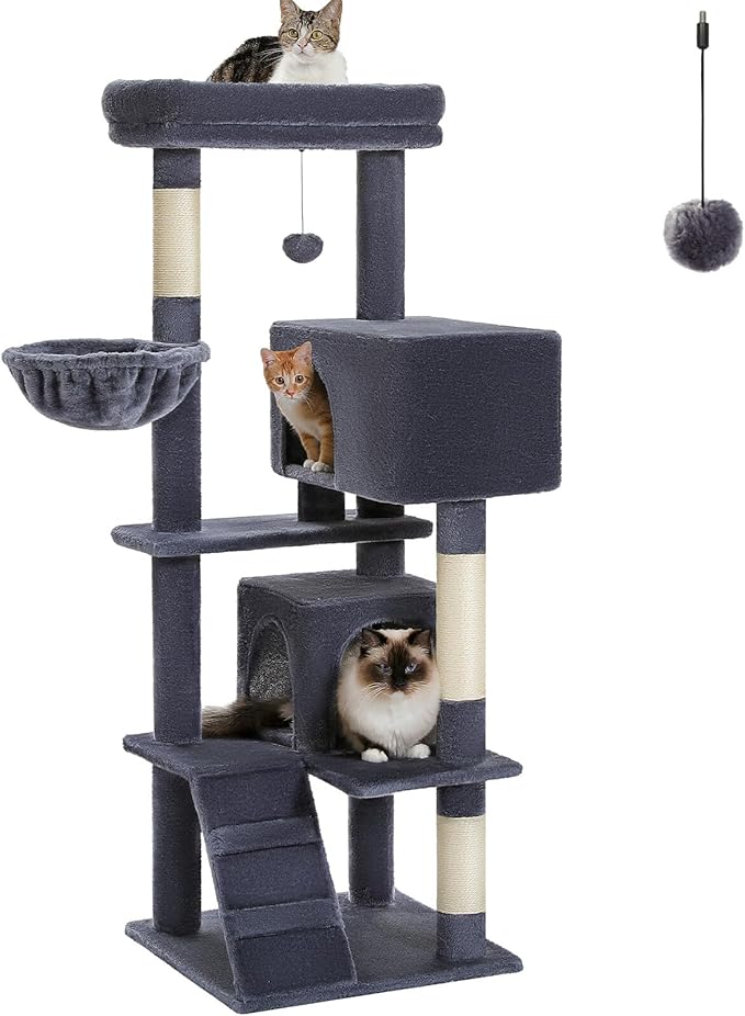 Cat Tree for Indoor Cats, 2 Cozy Condos with Spacious Top Perch, 56.3-Inch Multi-Level Cat Tower with Scratching Posts, 2 Caves, Plush Hammock and Climbing Ramp, Dark Grey