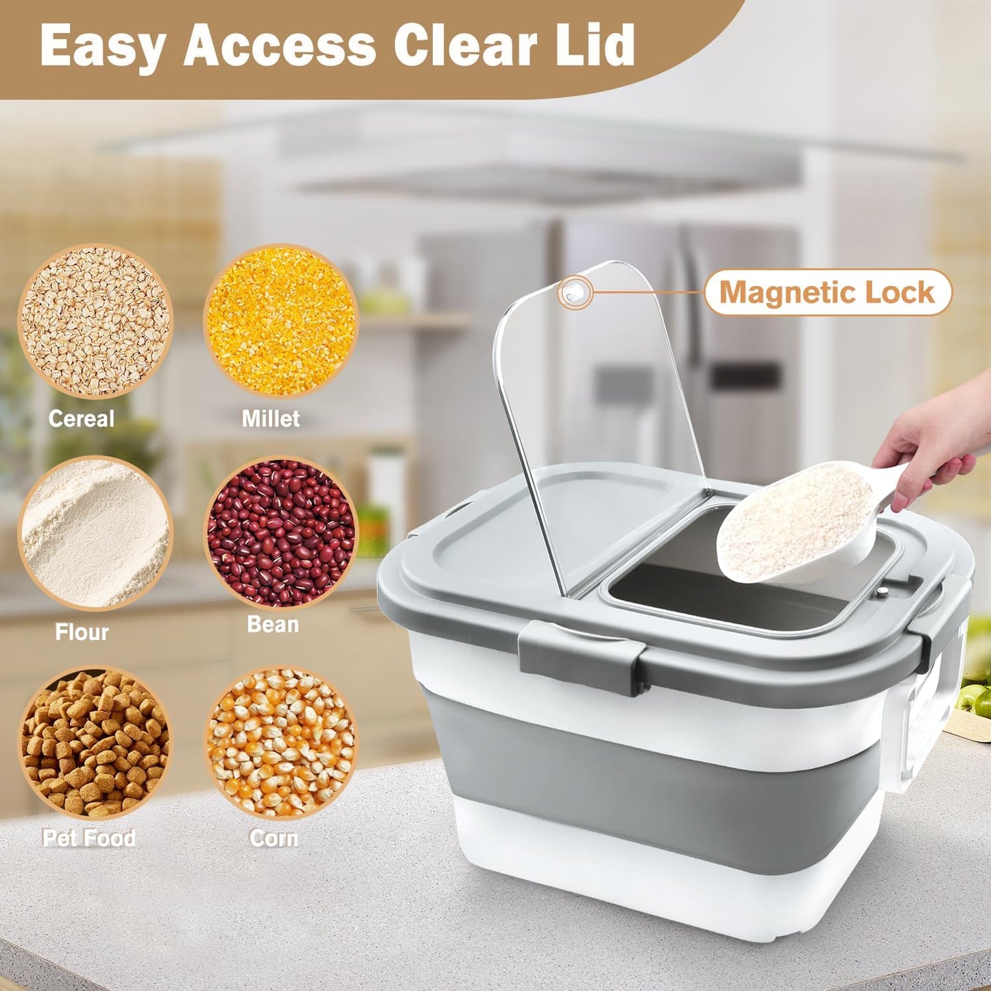 Rice Storage Container, Collapsible Airtight Food Storage Containers 20-30 Lbs, Rice Dispenser Bin with Cup and Scoop for Flour Cereal Pasta Grain, Cat Bird Pet Dog Food Storage Container