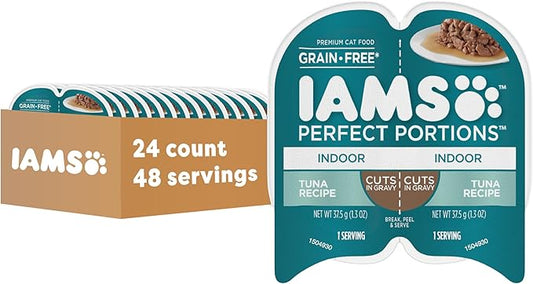 IAMS Perfect Portions Indoor Adult Wet Cat Food Cuts in Gravy, Tuna Recipe, 2.6 oz. Easy Peel Twin-Pack Trays (24 Count, 48 Servings)