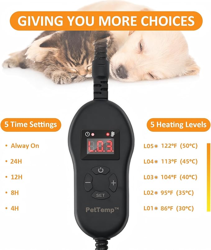Upgraded Pet Heating Pad, 5 Adjustable Temperature & Timer, Warm Dog Cat Heating Pad, Auto Power-Off, Waterproof Chew-Resistant (M:20'' x 16'')