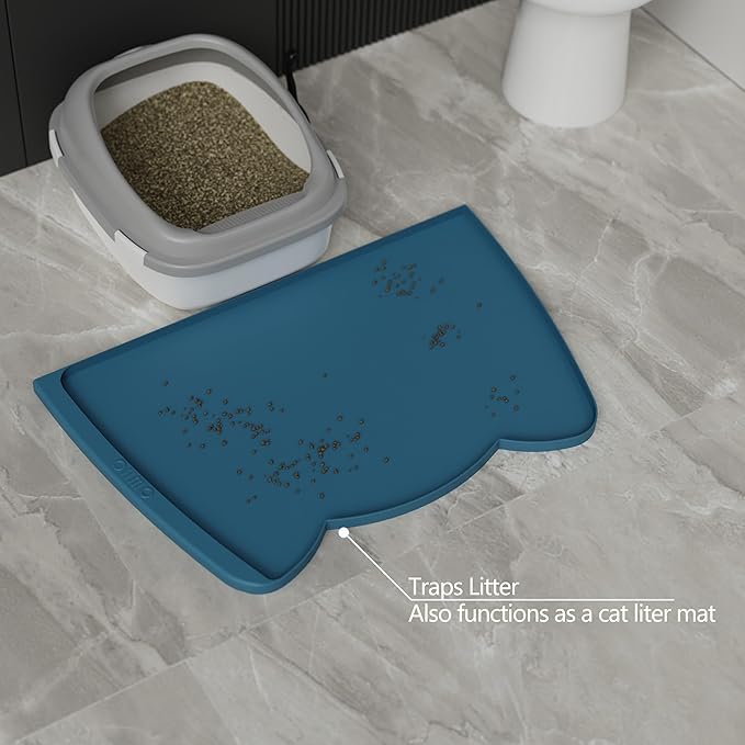 OHMO Dog Food Mat(Teal, 24 * 15'') w/Residue Collection Pocket Silicone Pet Feeding Mat for Floor High Edges Anti Spills Waterproof Cat Water Bowl Tray, Easy Clean Placemat